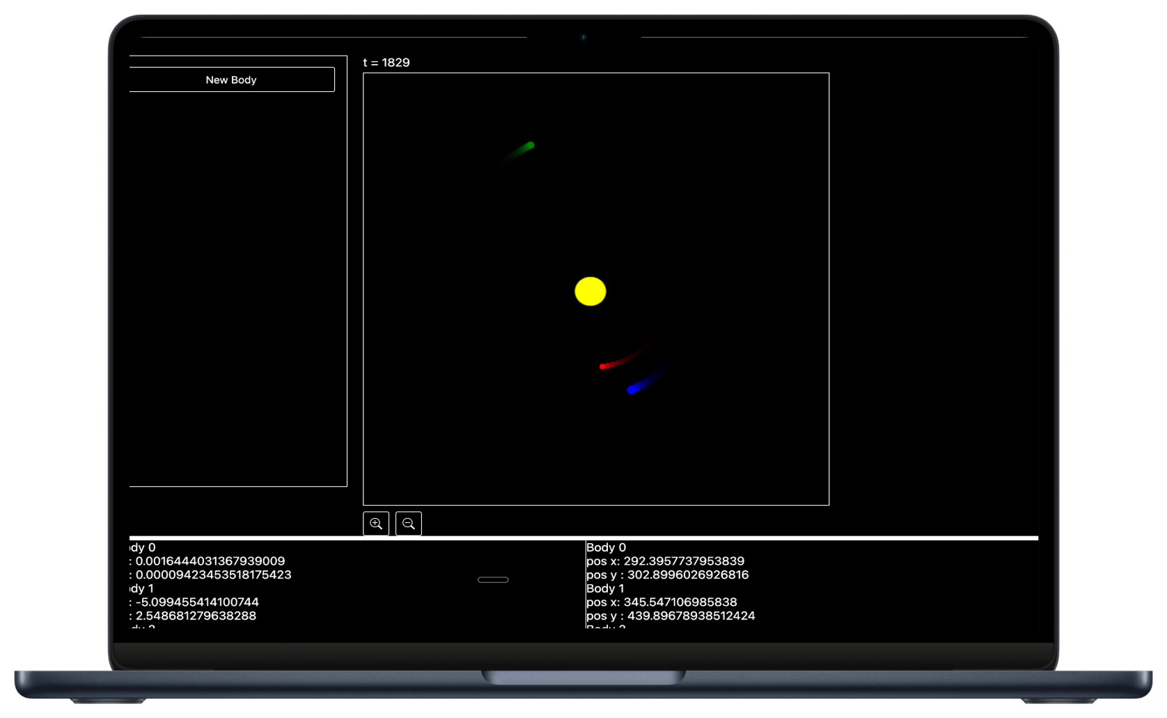 MacBook showing the planets N-body simulation running in the browser